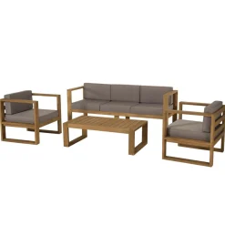 SALON DE JARDIN EN BOIS TECK : 1 Canapé 3 places, 2 fauteuils avec coussins waterproof et une table basse 110x60cm