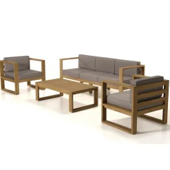SALON DE JARDIN EN BOIS TECK : 1 Canapé 3 places, 2 fauteuils avec coussins waterproof et une table basse 110x60cm