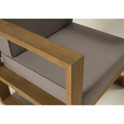 SALON DE JARDIN EN BOIS TECK : 1 Canapé 3 places, 2 fauteuils avec coussins waterproof et une table basse 110x60cm