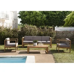 SALON DE JARDIN EN BOIS TECK : 1 Canapé 3 places, 2 fauteuils avec coussins waterproof et une table basse 110x60cm