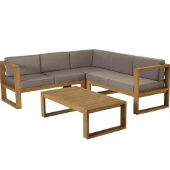SALON DE JARDIN EN BOIS TECK : 1 Canapé d'angle 5 places avec coussin waterproof et une table basse 110x60 cm