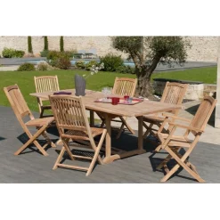 SALON DE JARDIN EN BOIS TECK 8/10 pers - Ensemble de jardin - 1 Table rectangulaire extensible 180*240/100 cm 4 chaises et 2 fauteuils