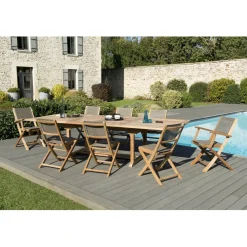 SALON DE JARDIN EN BOIS TECK 10/12 pers - Ensemble de jardin - 1 Table rectangulaire extensible 200*300/120 cm - 6 chaises et 2 fauteuils textilène couleur taupe