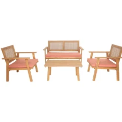 Salon de jardin en rotin et bois massif avec tissu rose TEMUCO style scandinave