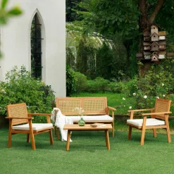 Salon de jardin en rotin et bois massif avec tissu beige TEMUCO style scandinave