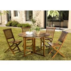 Salon de jardin HANNA en bois teck huilé 4/5 personnes - ensemble de jardin : 1 table ronde à rabats papillon et 4 chaises