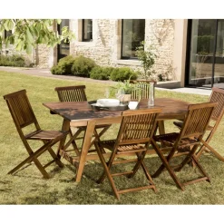 Salon de jardin HANNA en bois teck huilé 8/10 personnes - ensemble de jardin : 1 table rectangulaire scandi extensible 180/240*100 cm et 6 chaises.