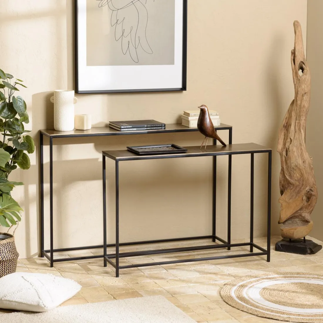 Set de 2 consoles gigognes aluminium doré et noir pieds métal JOHAN