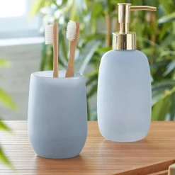 Set gobelet et distributeur de savon liquide en verre CLARION teinte bleue