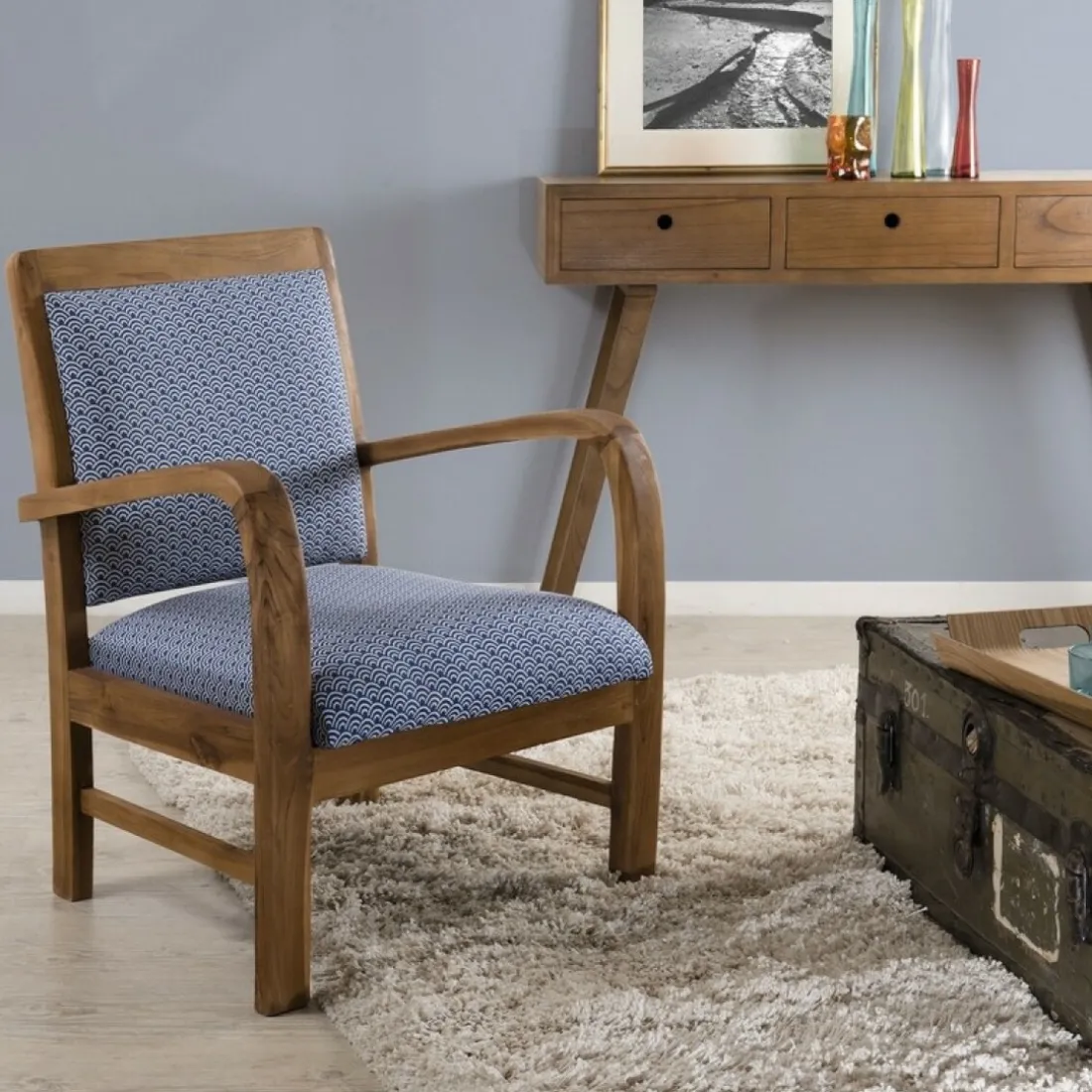 Sofa en teck et coton imprimé japonais Scandi - imprimé