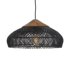 Suspension en rotin couleur noire et teck recyclé SIXTINE
