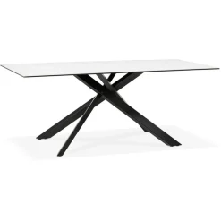 Table à diner 'MARKINA' en céramique blanche avec pied central en x noir