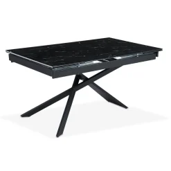 Table à manger extensible Ismael en Verre effet marbre noir et pieds Métal Noir