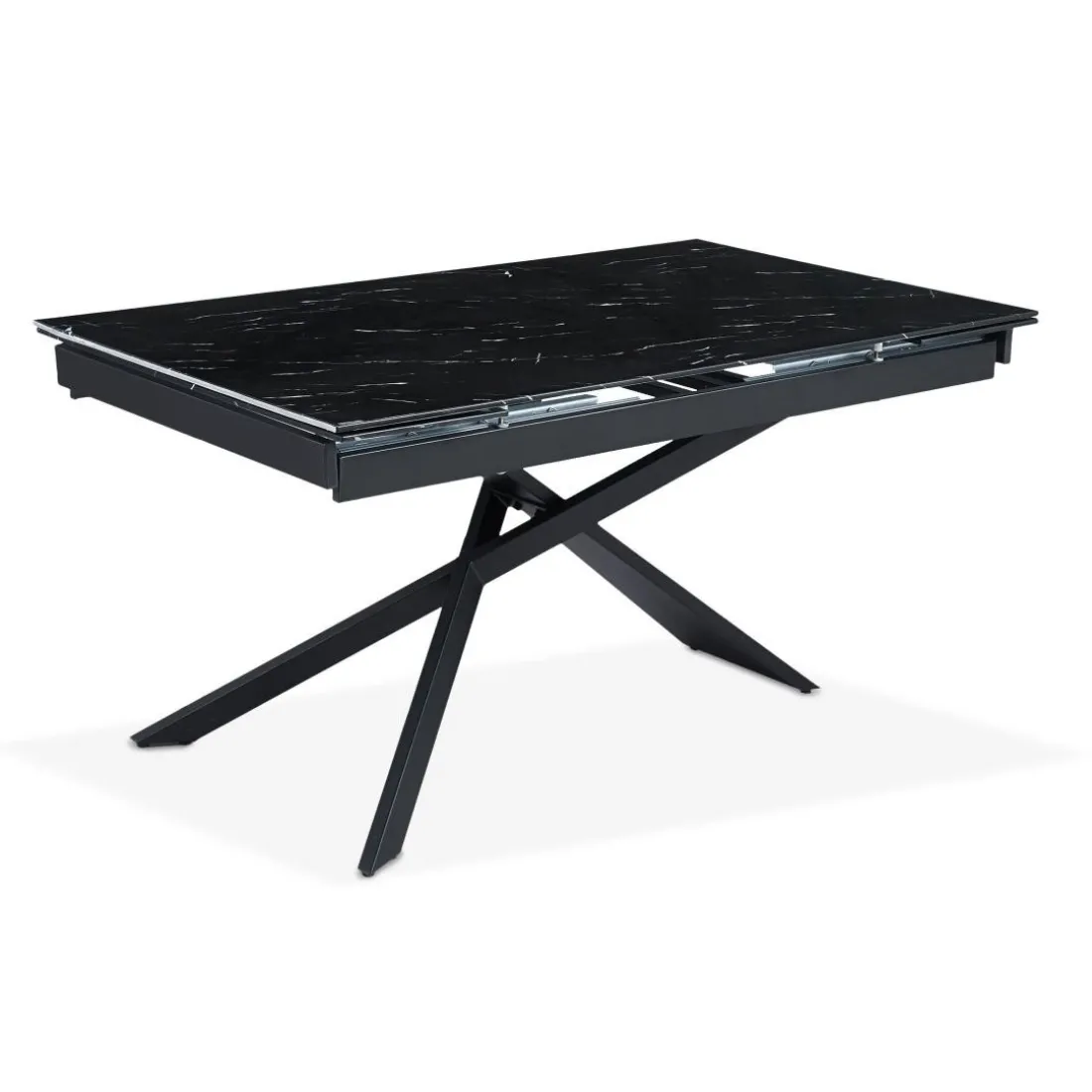 Table à manger extensible Ismael en Verre effet marbre noir et pieds Métal Noir