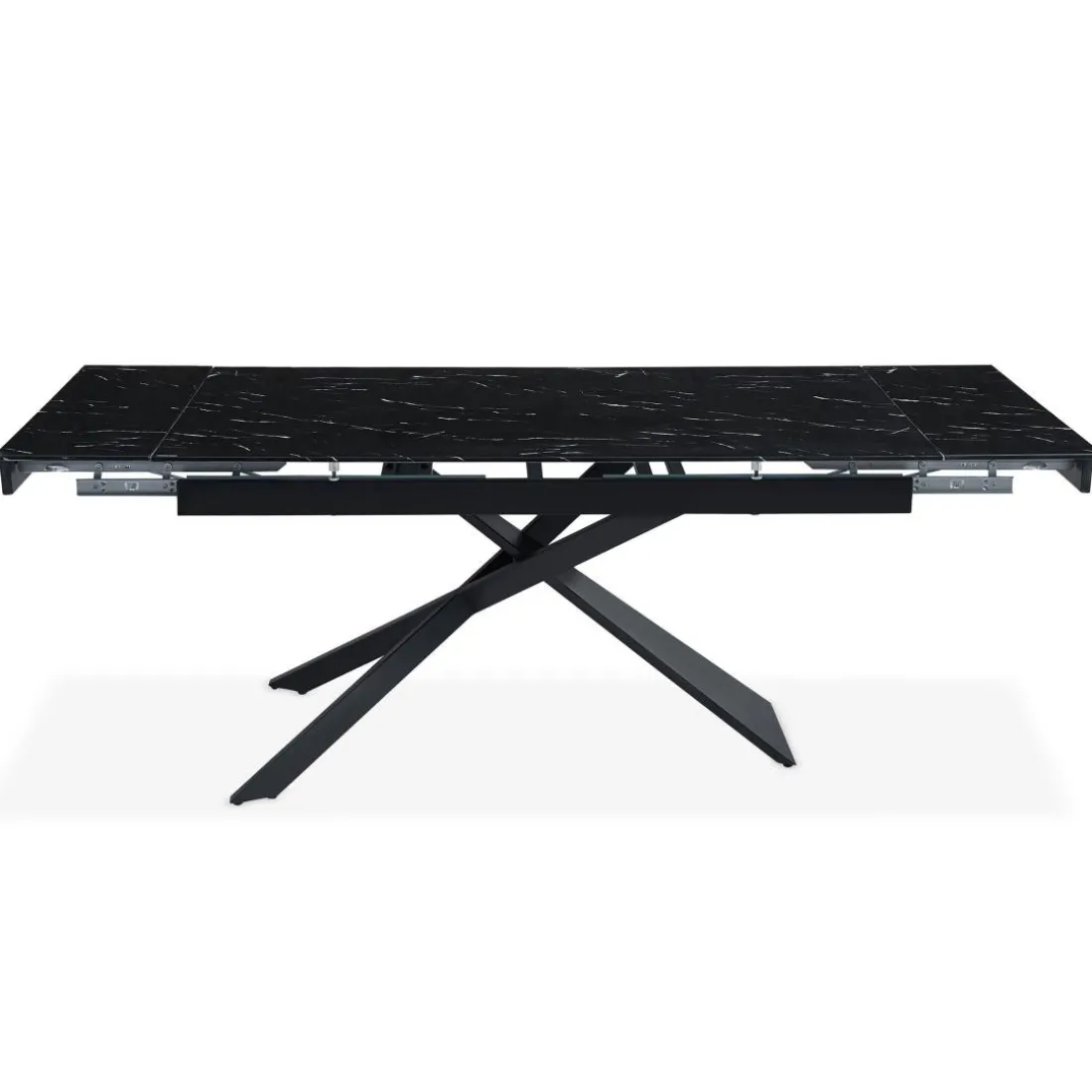 Table à manger extensible Ismael en Verre effet marbre noir et pieds Métal Noir