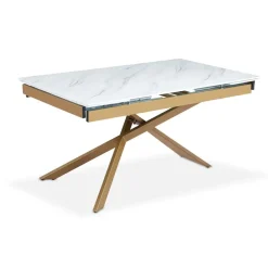 Table à manger extensible Ismael en Verre effet Marbre Blanc et pieds Métal Or