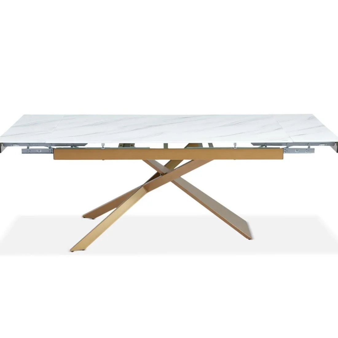 Table à manger extensible Ismael en Verre effet Marbre Blanc et pieds Métal Or