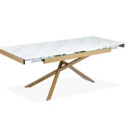 Table à manger extensible Ismael en Verre effet Marbre Blanc et pieds Métal Or
