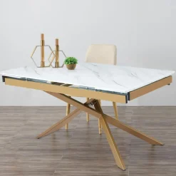 Table à manger extensible Ismael en Verre effet Marbre Blanc et pieds Métal Or