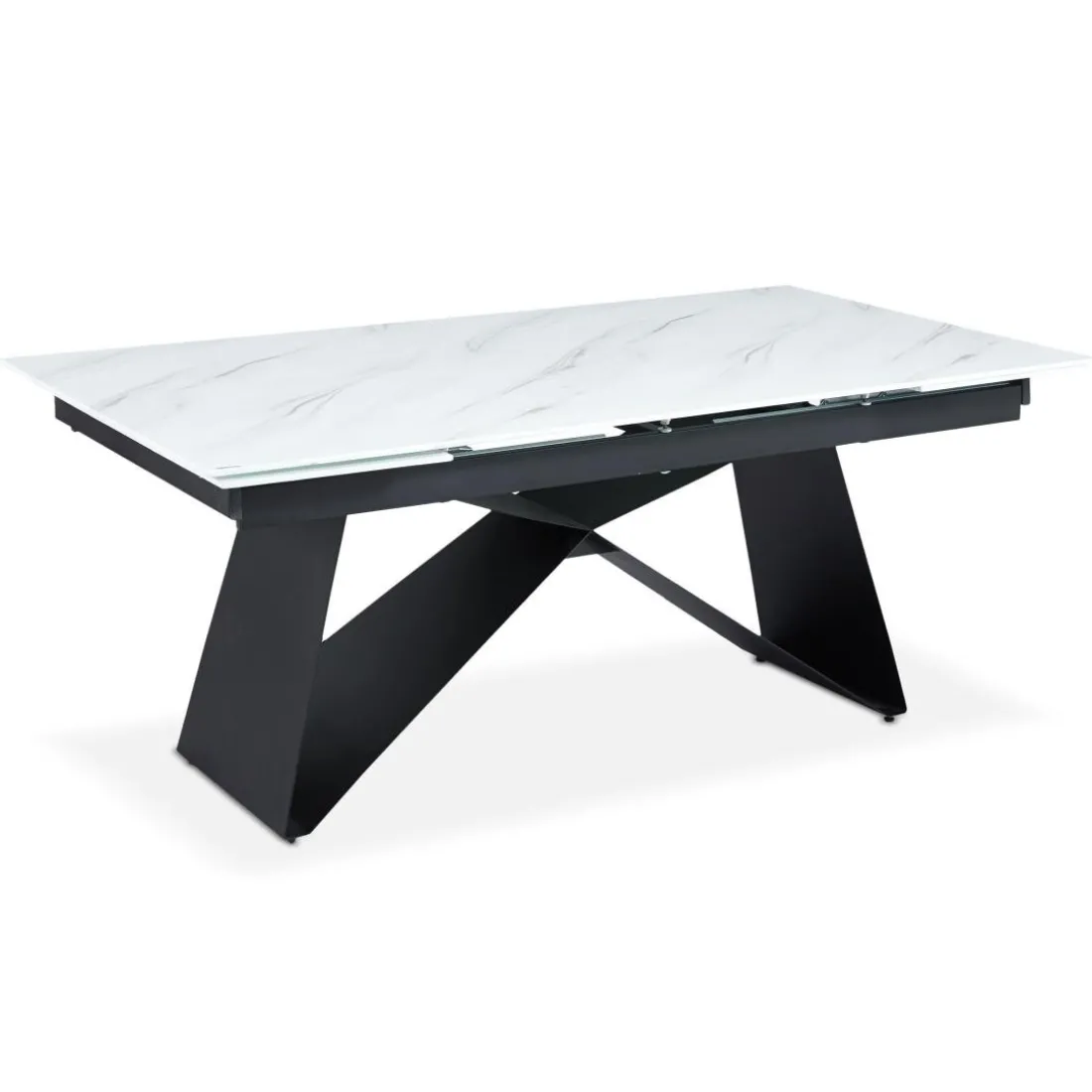 Table à manger extensible Mogarie en Verre effet marbre blanc et pieds Métal Noir