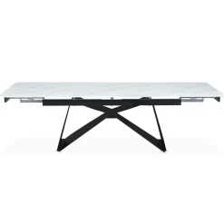 Table à manger extensible Mogarie en Verre effet marbre blanc et pieds Métal Noir