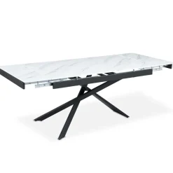 Table à manger extensible Ismael en Verre effet marbre blanc et pieds Métal Noir