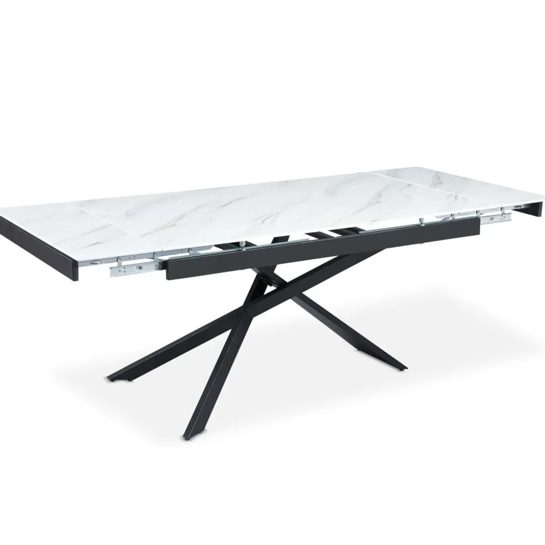Table à manger extensible Ismael en Verre effet marbre blanc et pieds Métal Noir
