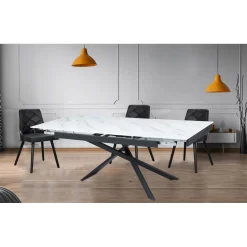 Table à manger extensible Ismael en Verre effet marbre blanc et pieds Métal Noir