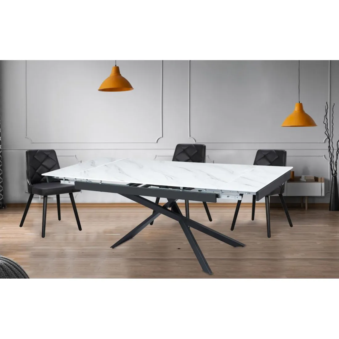 Table à manger extensible Ismael en Verre effet marbre blanc et pieds Métal Noir