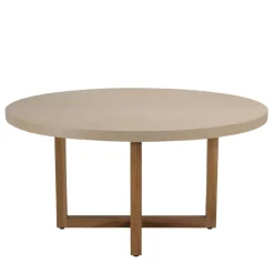 Table à manger ronde béton beige pieds croisés en teck DAK