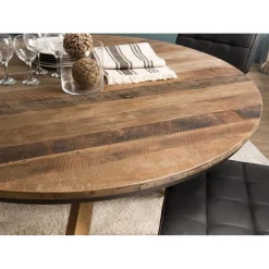 Table À Manger SIXTINE Ronde 130X130Cm Pieds Croisés Bois Teck Recyclé Acacia Mahogany