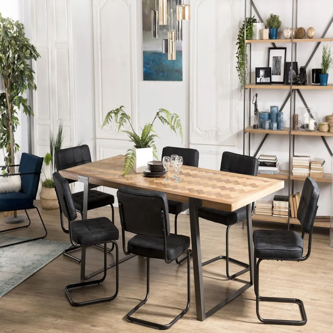 Table à manger 220x100cm Sapin et métal CARLA