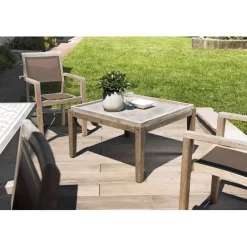 Table basse de jardin carrée béton 83x83 cm pieds en bois Acacia