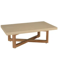 Table basse en béton beige pieds croisés en teck
