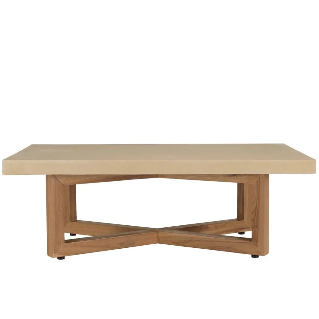 Table basse en béton beige pieds croisés en teck