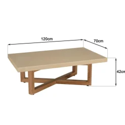 Table basse en béton beige pieds croisés en teck