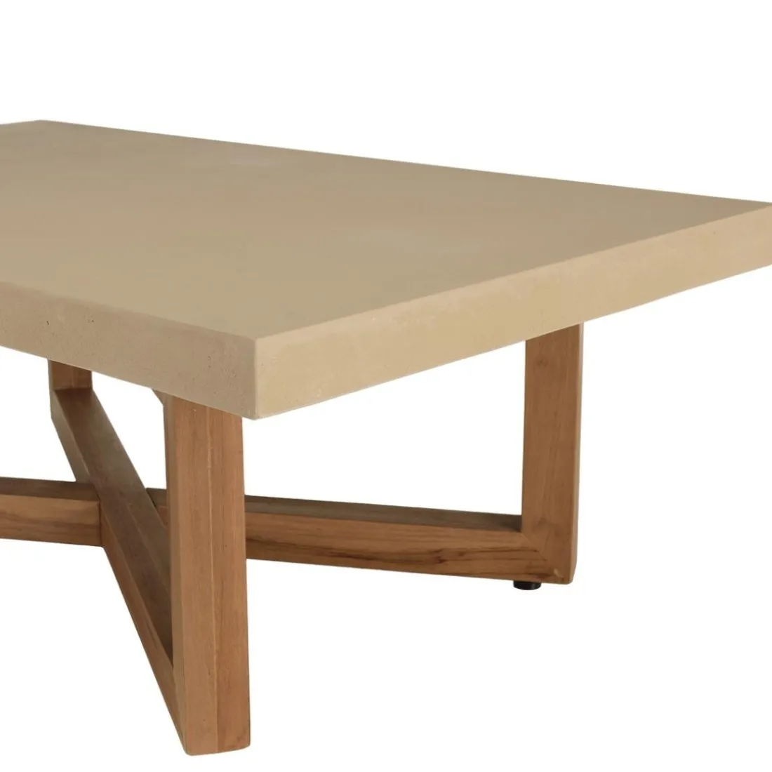 Table basse en béton beige pieds croisés en teck