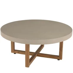 Table basse ronde en béton beige pieds croisés en teck DAK