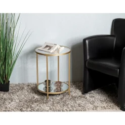 Table d'appoint ronde acier laqué d’or et plateaux miroir et verre trempé