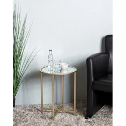 Table d'appoint ronde Dorée en Métal laqué et plateau en miroir