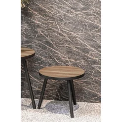 Table d'appoint ronde petit modèle Noir en métal laqué et plateau décor chêne