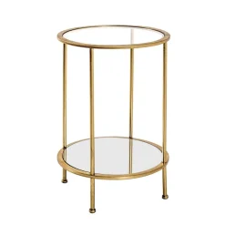 Table d'appoint ronde Tube d'acier laqué or avec plateau du dessous en miroir et plateau du dessus en verre trempé transparent