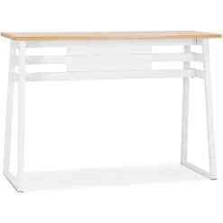 Table de bar haute 'NIKI' en bois finition naturelle et pied en métal blanc