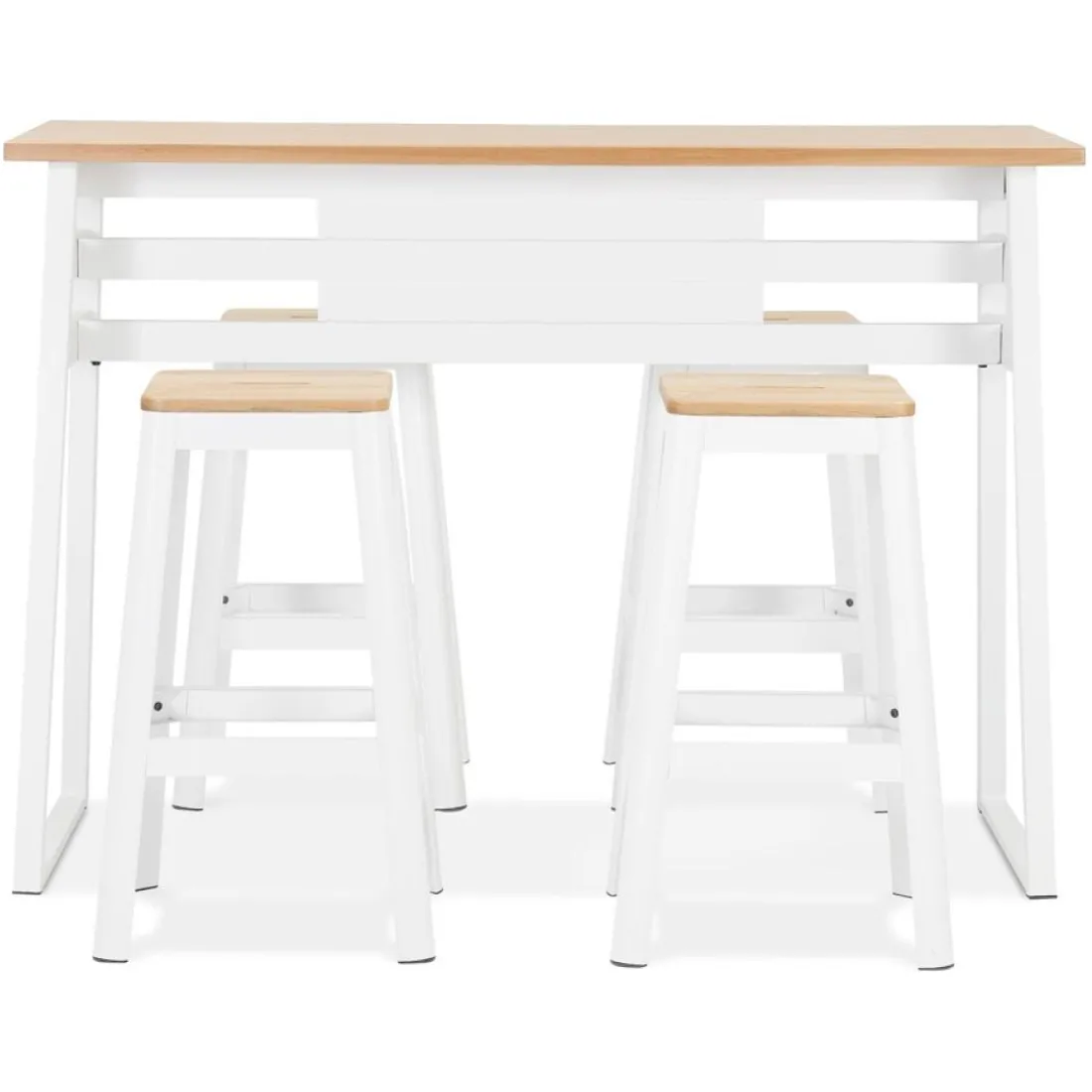 Table de bar haute 'NIKI' en bois finition naturelle et pied en métal blanc