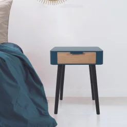 Table de Chevet 1 Tiroir En Bois Bleu Canard