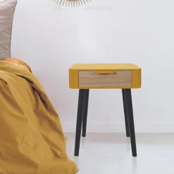 Table de Chevet 1 Tiroir En Bois Jaune Moutarde