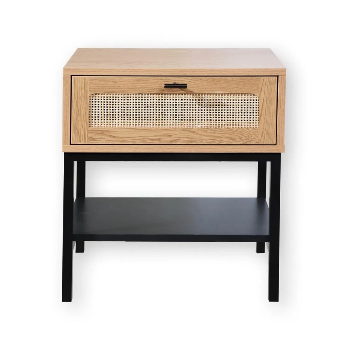 Table de Chevet 1 Tiroir Rotin avec Étagère en bois Beige