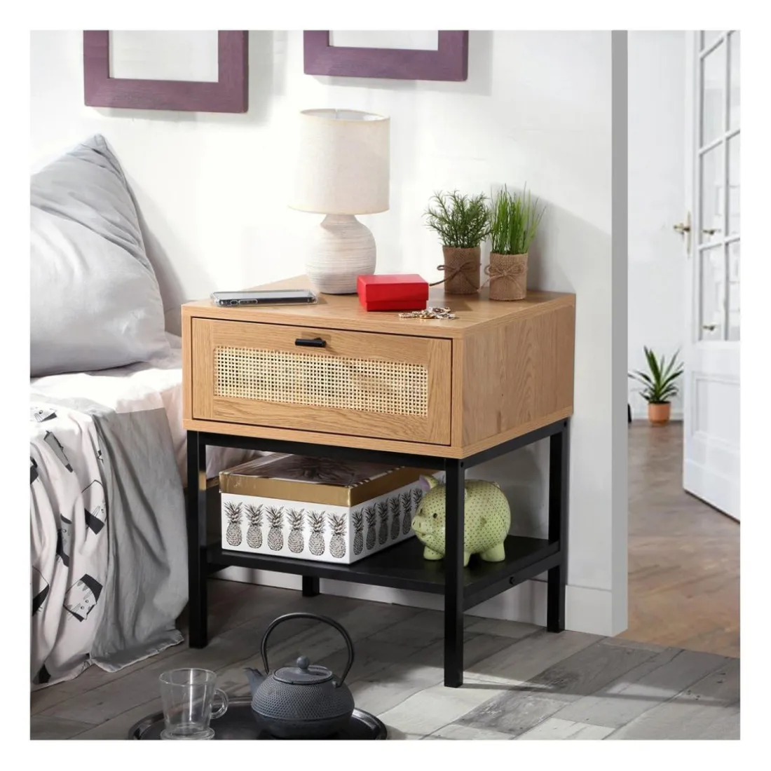 Table de Chevet 1 Tiroir Rotin avec Étagère en bois Beige