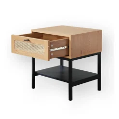 Table de Chevet 1 Tiroir Rotin avec Étagère en bois Beige