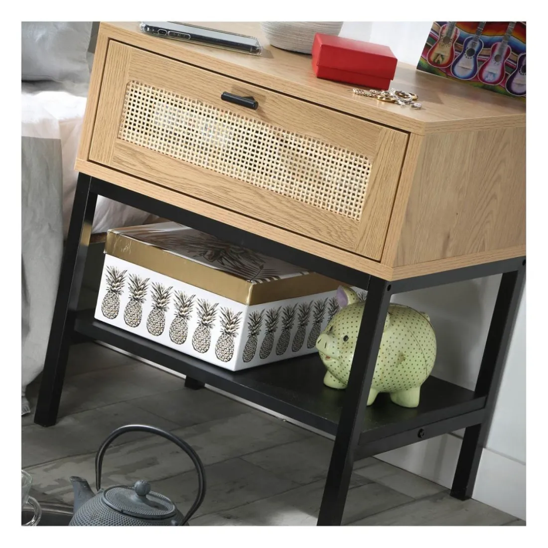 Table de Chevet 1 Tiroir Rotin avec Étagère en bois Beige